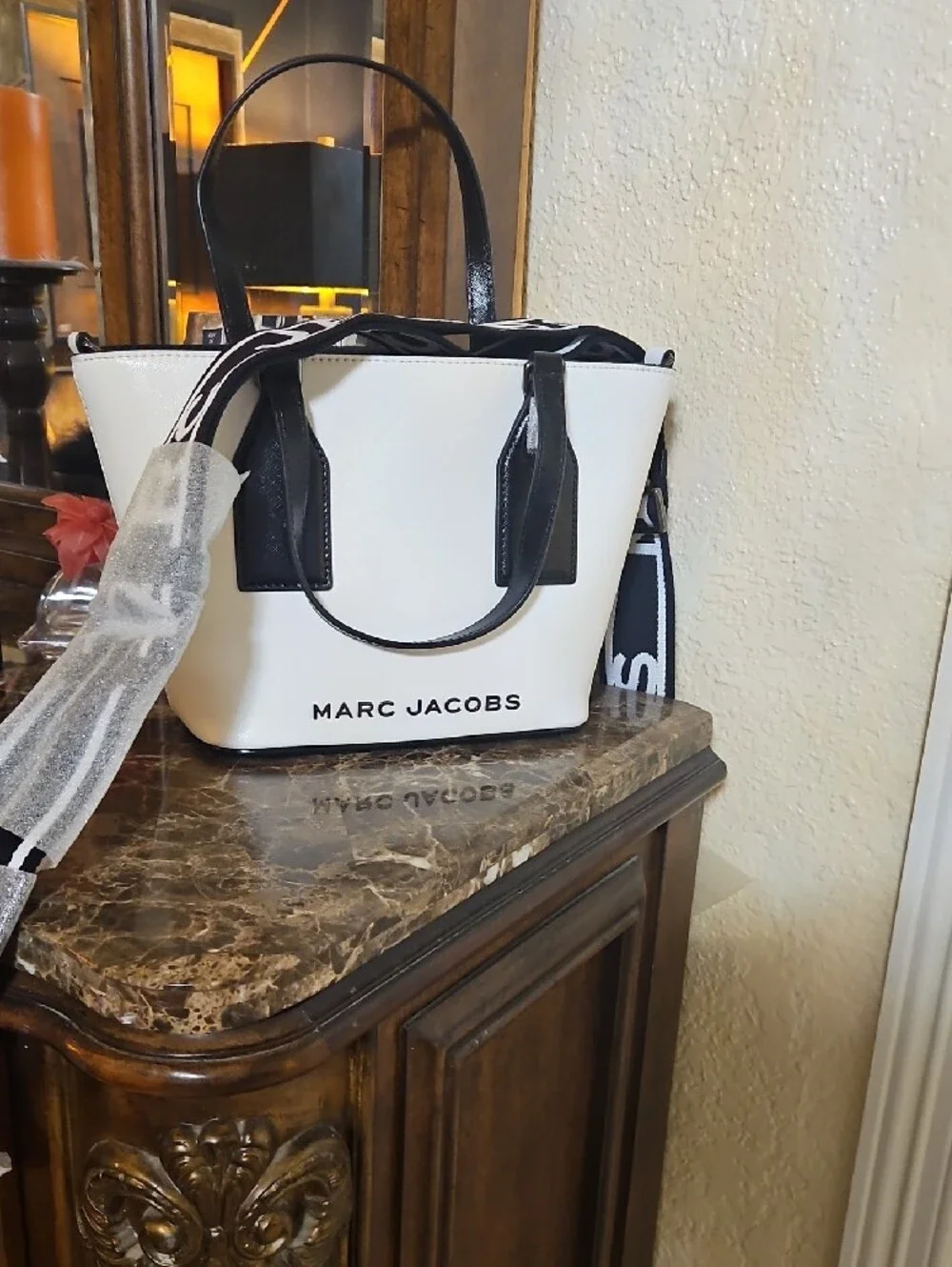 New Marc Jacobs White Tote with Black Trim and Logo Strap